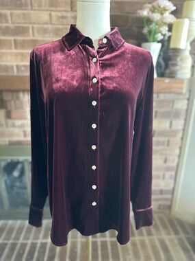 Faherty Brand Velvet Button-Down Shirt Blouse Burgundy Maroon Size Small